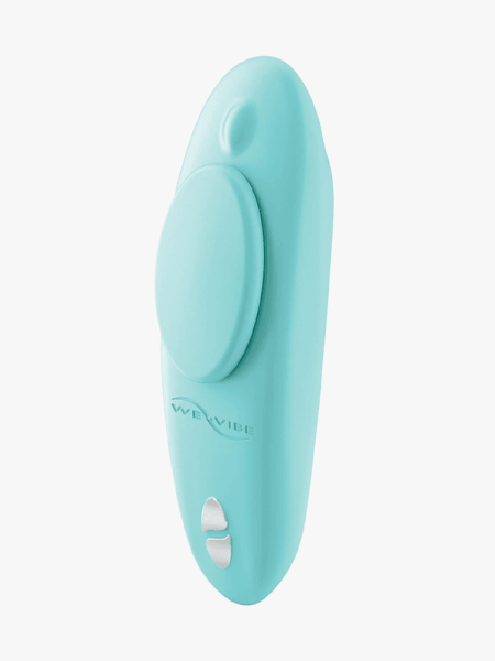 We-Vibe Moxie+ in aqua branded variant on a light gray background